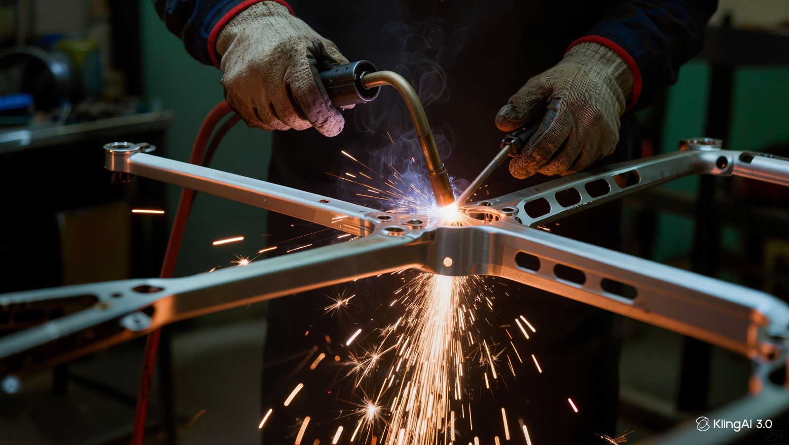 TIG welding an aluminum drone frame in the Buildmo shop